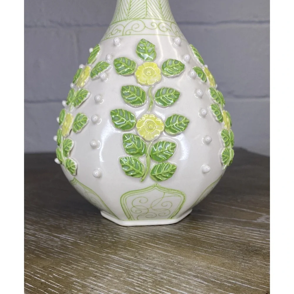 Anthropologie Vase Applied Flowers Yellow Green Leaf Vine Scroll Paneled